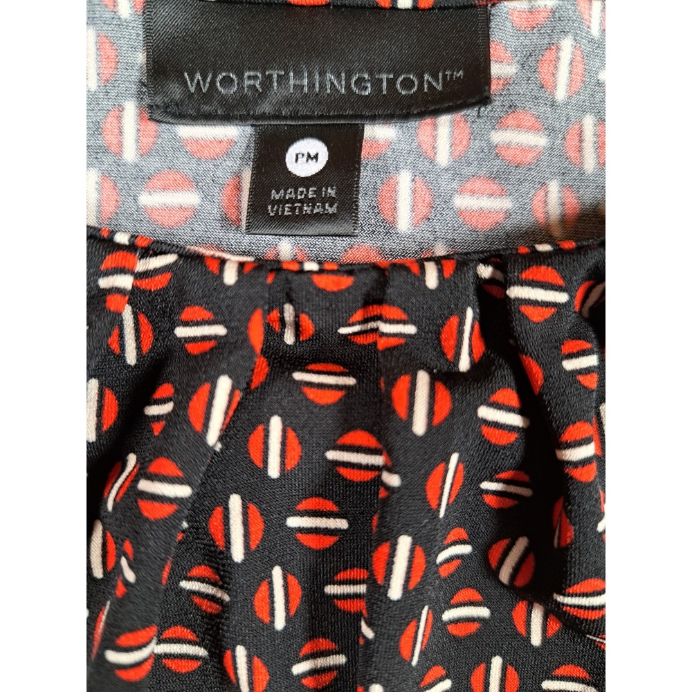 Worthington Petite Medium Black Red Geometric Circle Print‎ Short Sleeve Blouse - Picture 7 of 8